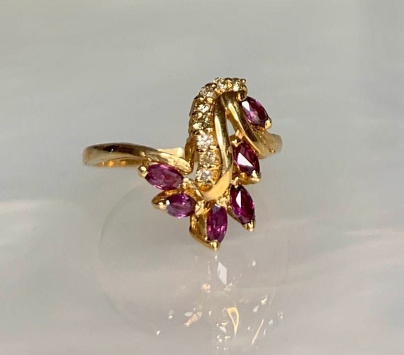Vintage Marquise Ruby Ring: 14k Gold & Diamond Ac… - image 1