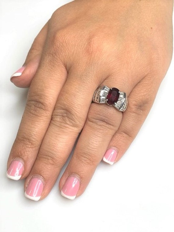 Vintage Oval Ruby Ring, Baguette Diamond Bow, 14k… - image 7