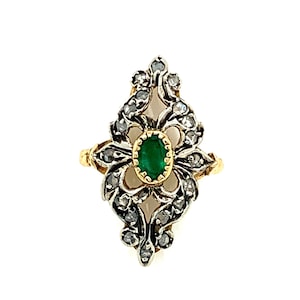 Vintage Oval Emerald Ring: Rose Cut Diamond, 18k Gold & Silver