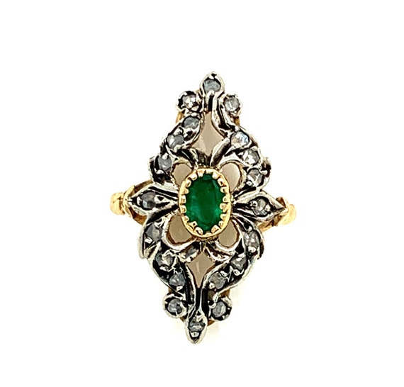 Oval Emerald Ring, Antique Emerald Ring, Rose Cut… - image 1