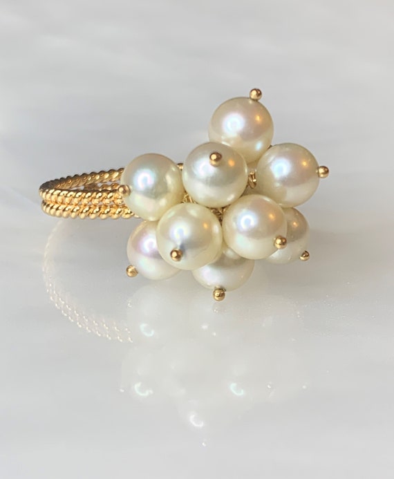 Pearl Gold Ring, Pearl Cocktail Ring, Pearl Clust… - image 2