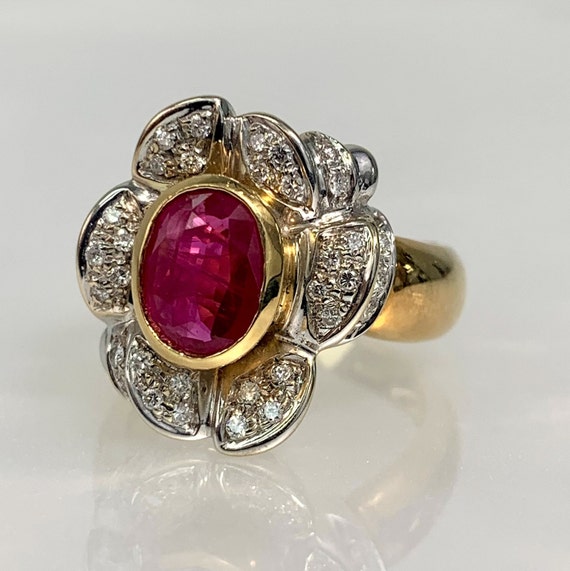 Vintage Oval Ruby Flower Ring: Diamond 18k Gold E… - image 2