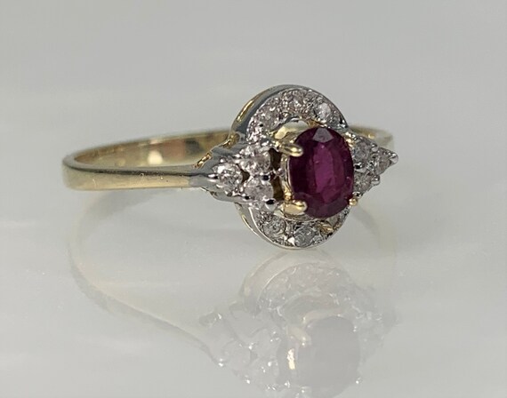 Vintage Oval Ruby Engagement Ring: Diamond Halo, … - image 3