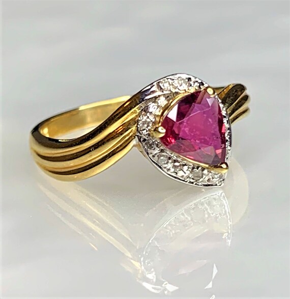 Vintage Trillion Ruby Ring: 14k Gold Diamond Halo… - image 3
