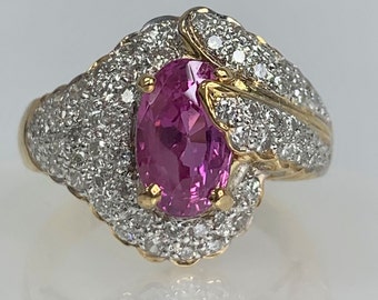 Oval Pink Sapphire & Diamond Ring: 18k Yellow Gold, Size 7 3/4