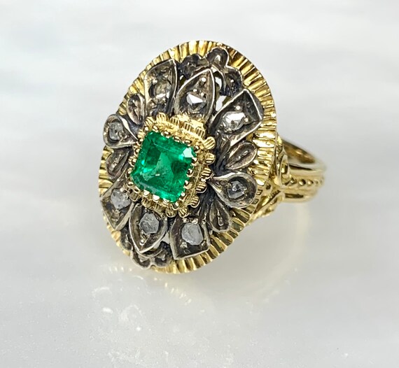 Emerald Diamond Ring, Rose Cut Diamond Ring, Emera