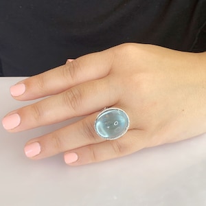Aquamarine Diamond Ring, Gemstone Cocktail Ring, Aquamarine Cabochon Ring, 20 Carats, Light Blue Natural Gemstone, Blue Aquamarine Ring image 5