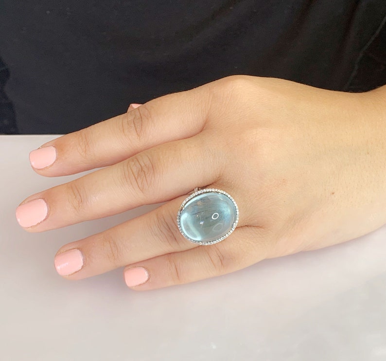 Aquamarine Diamond Ring, Gemstone Cocktail Ring, Aquamarine Cabochon Ring, 20 Carats, Light Blue Natural Gemstone, Blue Aquamarine Ring image 5