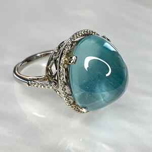 Aquamarine Diamond Ring, Gemstone Cocktail Ring, Aquamarine Cabochon Ring, 20 Carats, Light Blue Natural Gemstone, Blue Aquamarine Ring image 2