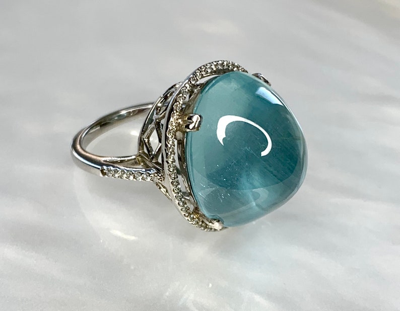 Aquamarine Diamond Ring, Gemstone Cocktail Ring, Aquamarine Cabochon Ring, 20 Carats, Light Blue Natural Gemstone, Blue Aquamarine Ring image 2