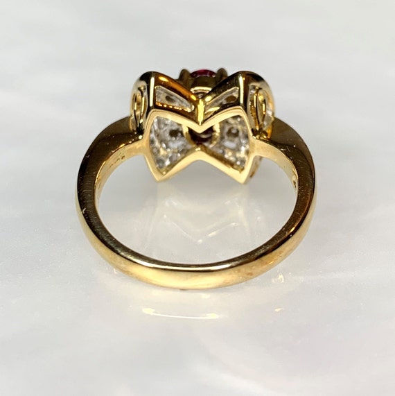 Vintage 18k Yellow Gold Ruby Diamond Ring: Bow En… - image 4