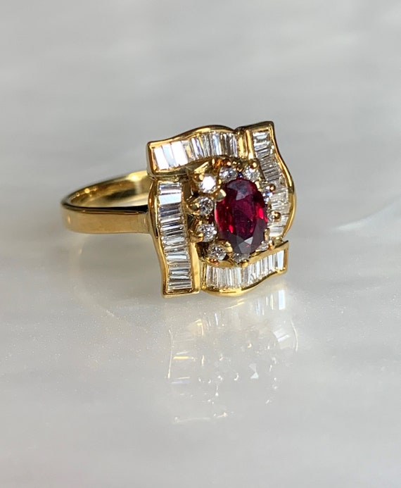 Vintage Oval Ruby Diamond Ring: 18k Yellow Gold, … - image 2