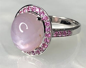 Natural Pink Star Sapphire Halo Ring | 8.82ct Cabochon | 14k White Gold