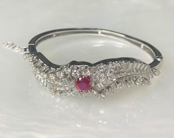 Ruby Bracelet, Vintage Diamond Bangle, Ruby Diamond Bracelet, Baguette Diamond Bracelet, Antique Ruby Jewelry,  Vintage White Gold Bracelet