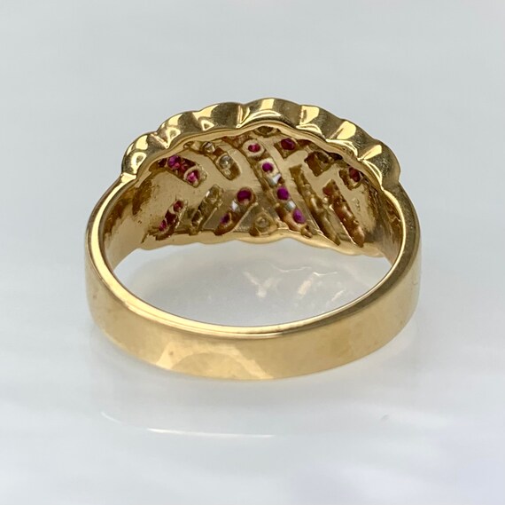 Vintage Ruby Diamond Ring: 14k Gold Chevron Band,… - image 4