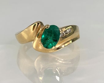 Vintage 14k Gold Smaragd Ring mit Diamant Akzente - 90s Schmuck