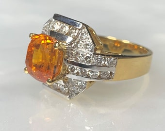 Vintage Orange Sapphire Ring: 18k Gold Diamond Engagement Ring