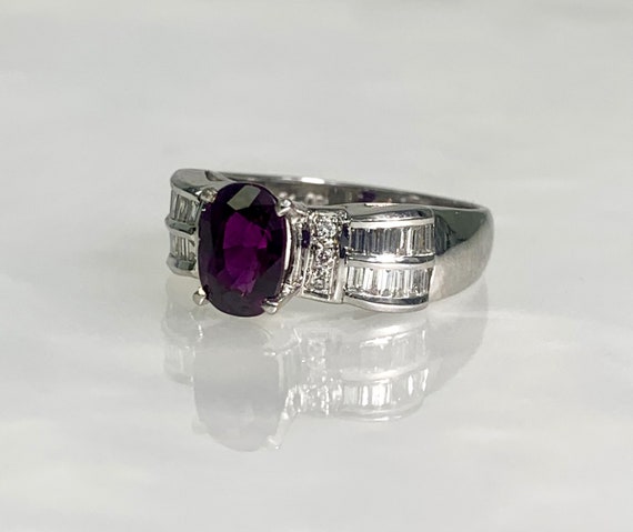 18k White Gold Ruby Ring: Oval Cut Diamond Accent… - image 2
