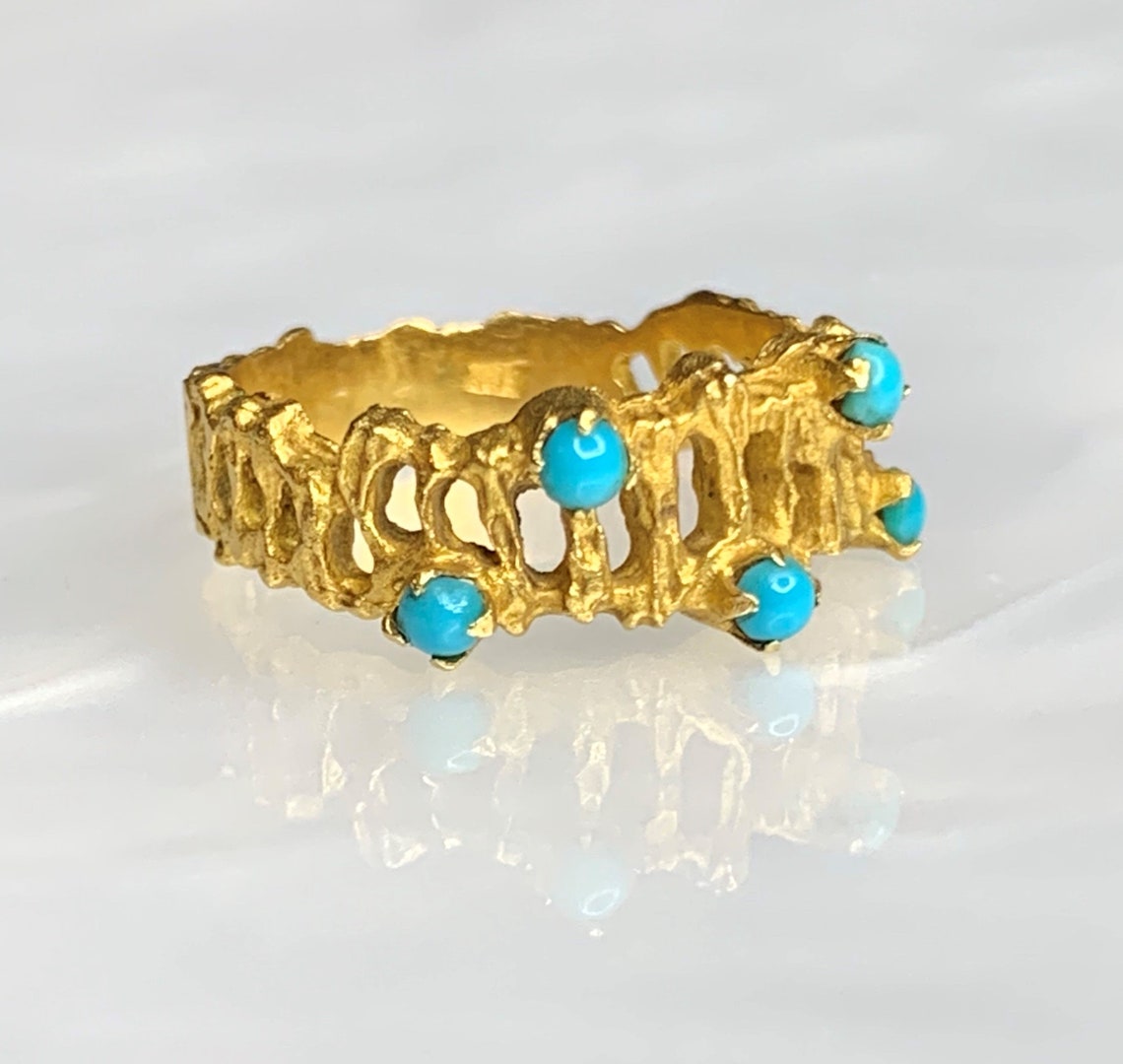 Vintage Gold Band, Vintage Turquoise Ring, Turquoise Gold Ring