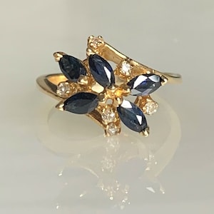 Vintage Marquise Sapphire Cluster Ring: 14k Yellow Gold Diamond Accent