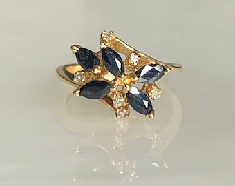 Vintage Marquise Sapphire Cluster Ring: 14k Yellow Gold Diamond Accent