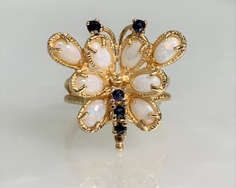 Vintage 14k Gold Butterfly Ring: Australian Opal & Sapphire