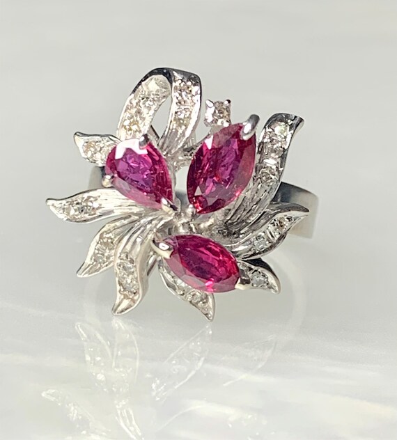 Vintage Ruby Flower Ring: Marquise & Pear Cut, Di… - image 3