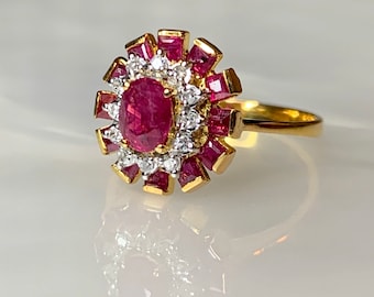 Vintage 18k Gold Ruby Diamond Ring: Art Deco Engagement Jewelry