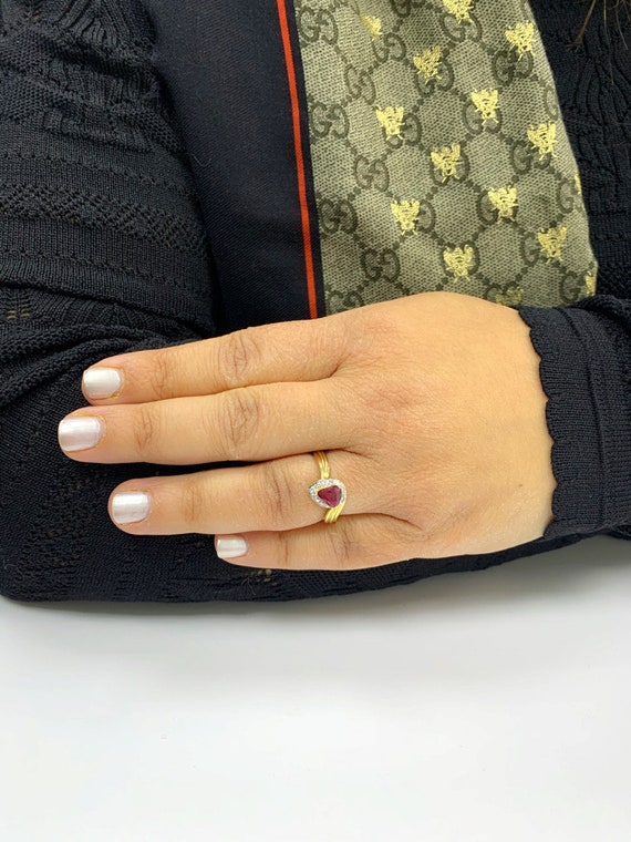 Vintage Trillion Ruby Ring: 14k Gold Diamond Halo… - image 5