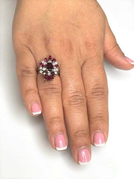 Vintage Pear Ruby & Diamond Cluster Ring, 14k Whi… - image 6