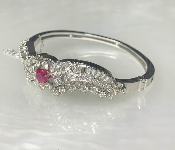 Vintage 14k White Gold Ruby Diamond Bangle Bracel… - image 2