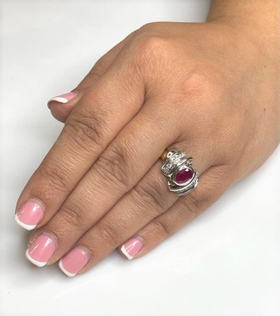 Vintage Oval Ruby Diamond Ring: 18k Gold Bezel Se… - image 6