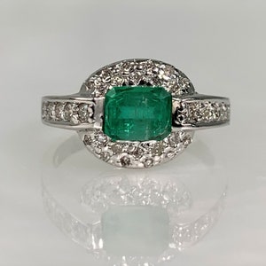 Vintage Emerald Diamond Ring: 14k White Gold East West Engagement Ring