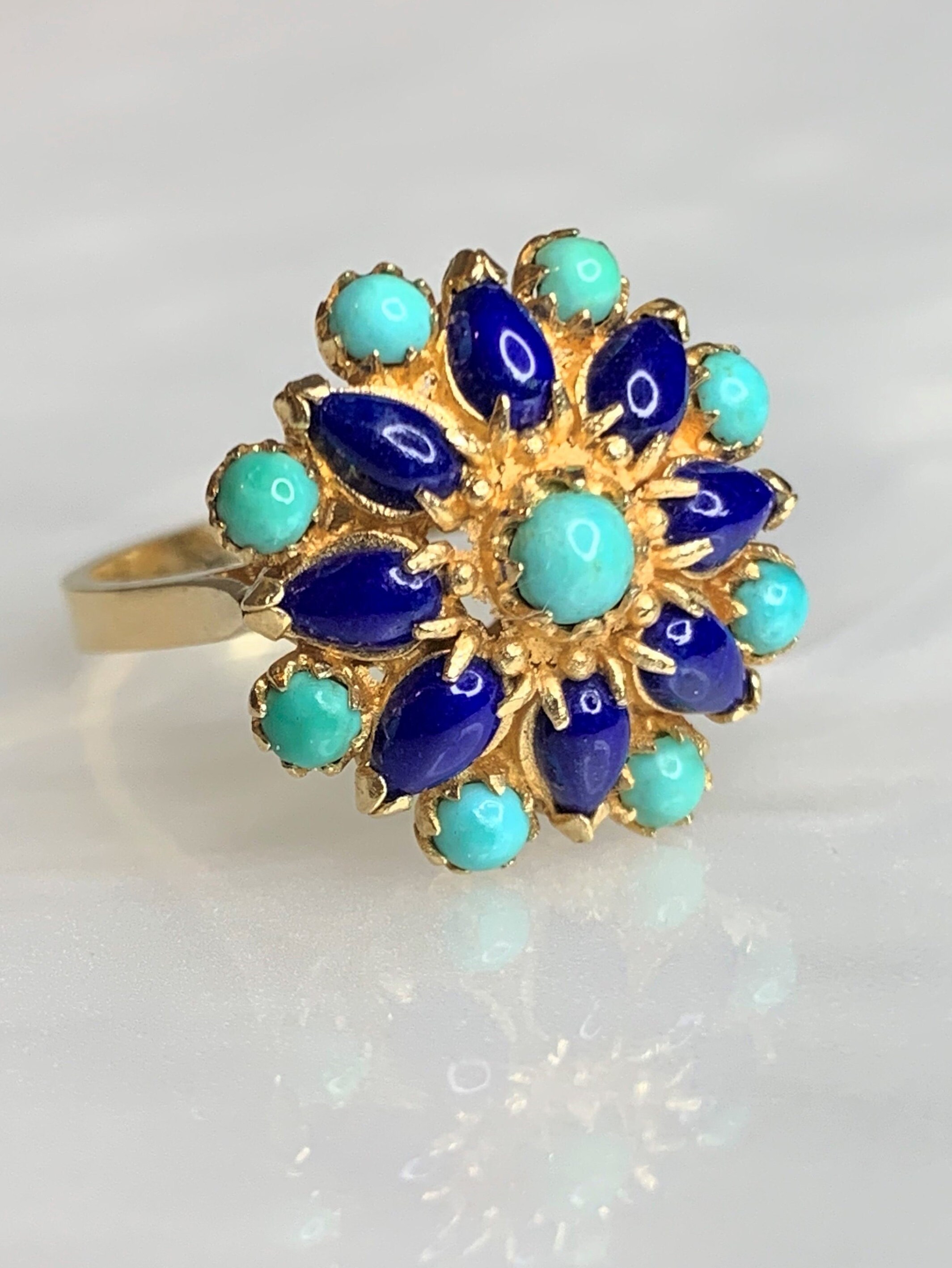 Turquoise Ring, Turquoise Ring for Women, Vintage Gold Flower Ring ...
