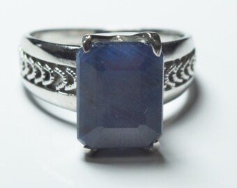 SEPTEMBER BIRTHSTONE: 6.6 carat Blue Sapphire, Platinum Plated Sterling Silver Ring  - Size 8.5