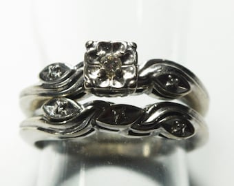 Vintage, 14K White Gold and Diamond Engagement Ring and Wedding Band Set (0.05 tcw) - size 5.25