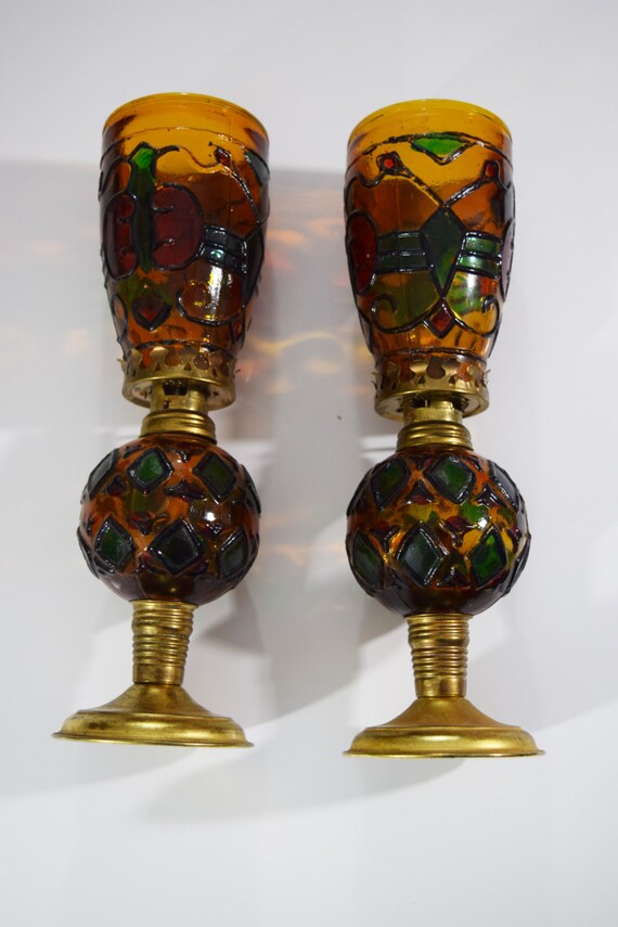 Vintage, Painted Amber Glass Hurricane Lamps (Pair)