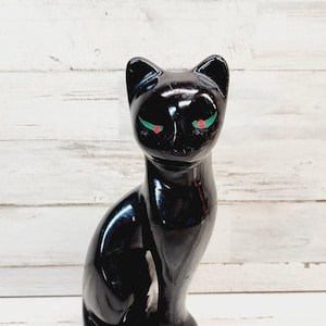 BLACK Ceramic Cat. Halloween. Large Vintage Black Ceramic Cat with red and green eyes. S-R