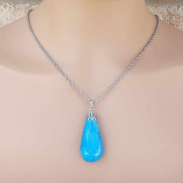 Vintage Colbalt blue Teardrop Necklace on Silver Rope Chain (#3)