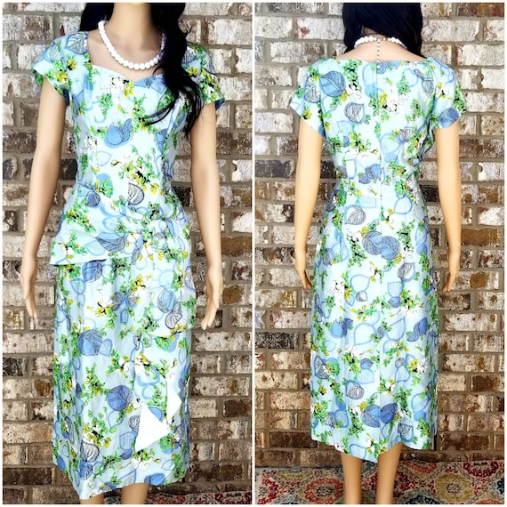 Vintage 1950's Floral Handmade Blue & Green Dress.