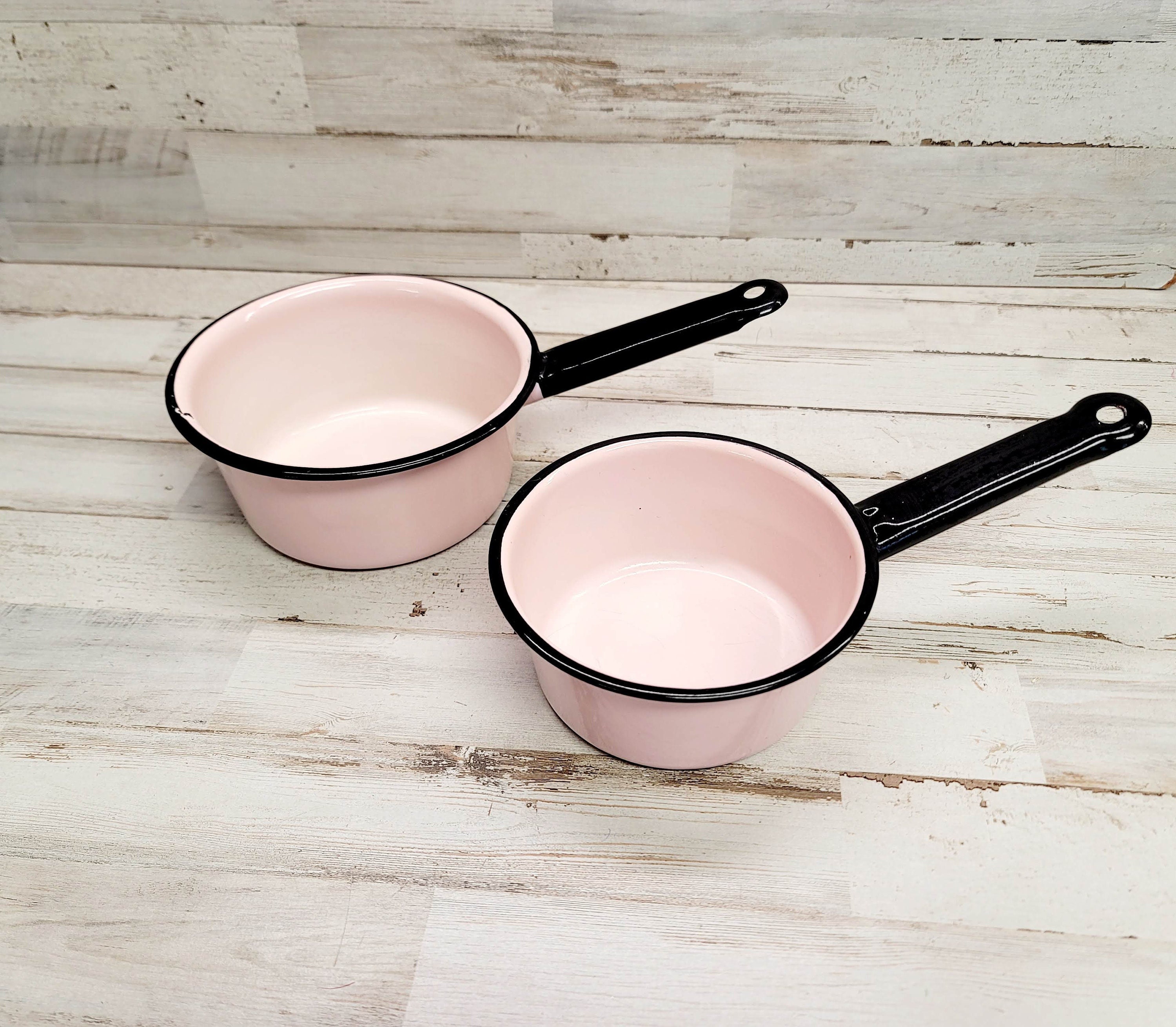 Vintage Pink Enamel Ware Sauce Pans Set of 3 