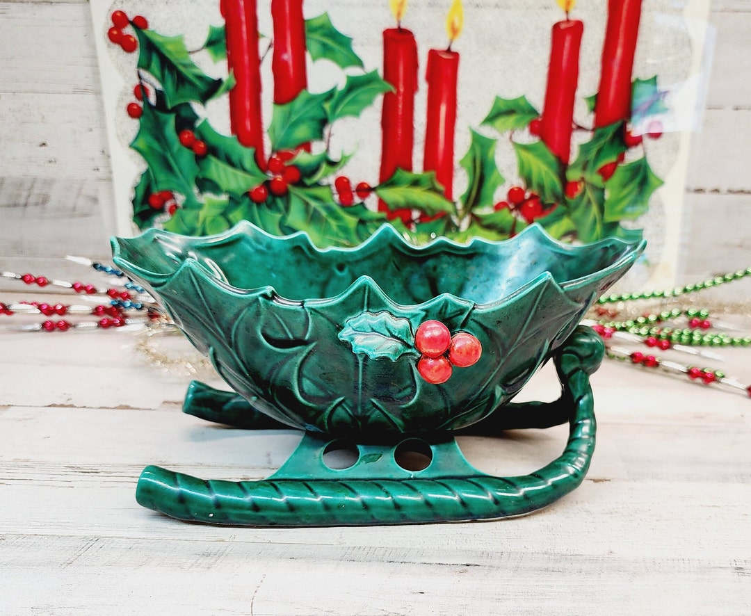 Vintage Green Holly Christmas Bow Tie & Pocket Square Set – 100% Cotton, Handmade In UK