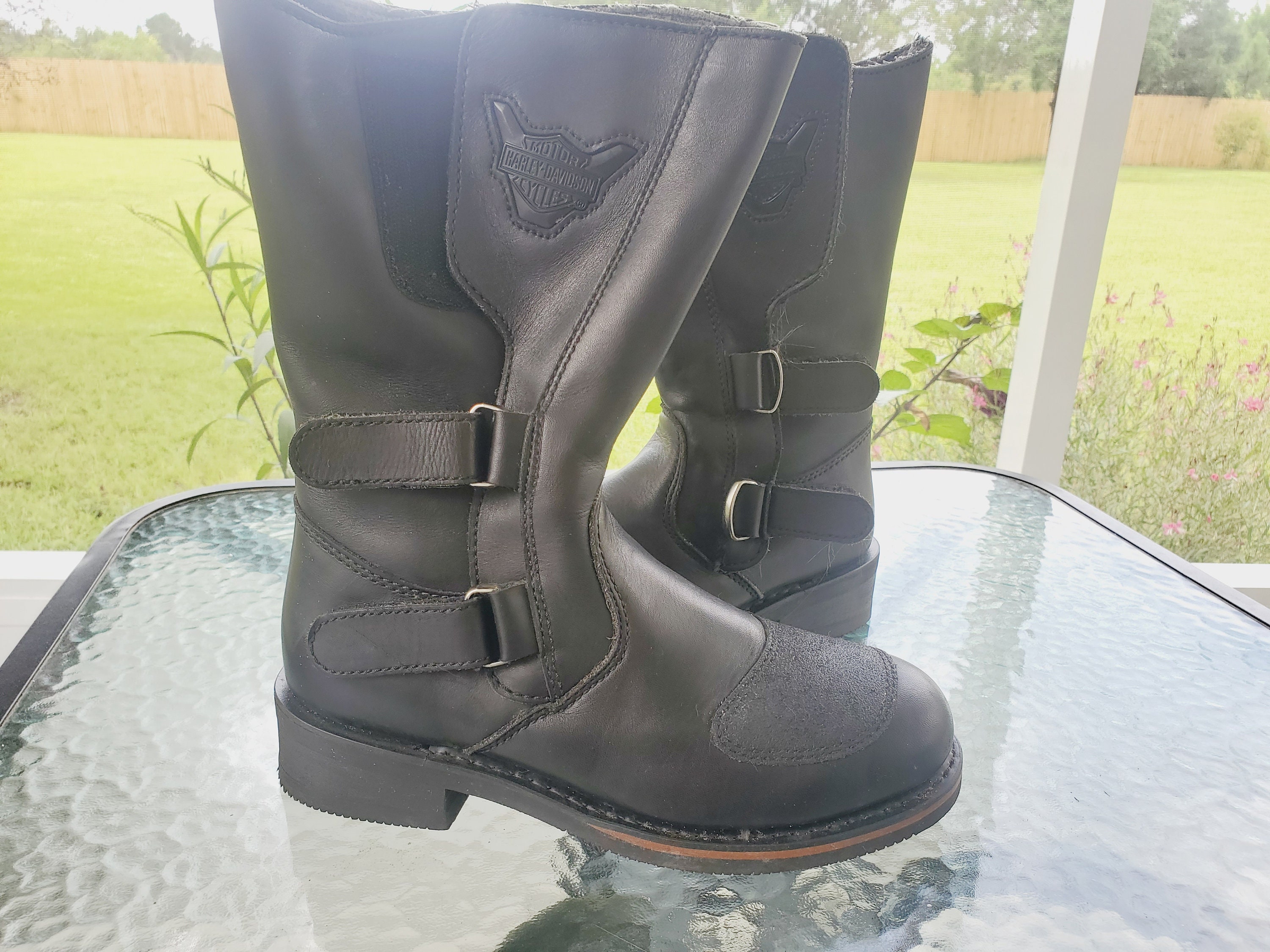 Vintage Harley Davidson Riding Boots US 8. Leather Straps with Velcro and Steel Buckles and Leather Scuff for Gear Selector. A-3