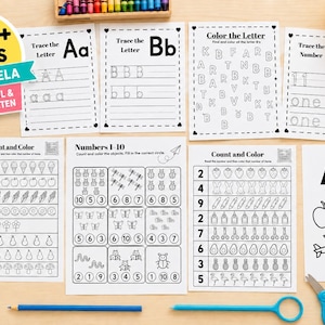 May include: A collection of educational worksheets for preschool and kindergarten featuring 500+ pages of math and ELA activities. The black and white printed sheets include letter tracing, number tracing, counting exercises, and coloring tasks with various icons.