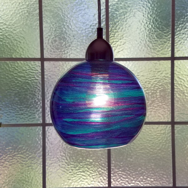Blue Orchid Globe Light Pendant, Blue, Aqua, Purple, Unique, Modern pendant light, Hanging Light, Outer Space, Ball Light, Faux Art Glass