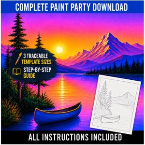 Vibrant Mountain Sunset Acrylic Painting Guide with Printable Traceable Templates, Step-by-Step Adult Sip and Paint Lesson,How to Paint Lake