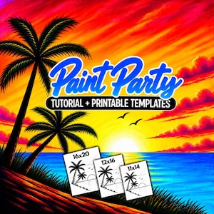 Tropical Sunset Painting Tutorial, Beginner Step-by-Step Acrylic Instructions, Palm Tree Beach and Orange Sky, Printable Tracing Templates