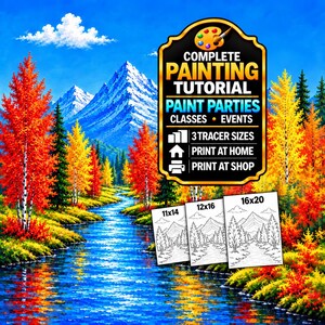 Handledning för målning av höstlöv, berg, flod, färgglada höstträd och landskap, akrylfärg för nybörjare med sip & paint, naturskönt gör-det-själv-konstprojekt