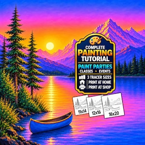 Handledning för målning av kanot i bergsjö, färgglad solnedgång, akrylkonst i skogen med sip & paint, steg-för-steg-guide för nybörjare i PDF-format