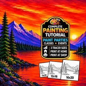 鮮やかな夕焼けの山湖の絵画チュートリアル、オレンジ色の空の松林の風景、アクリル絵の具を使ったシッピング＆ペイント、初心者向けステップバイステップDIY手順